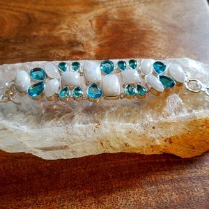 Handcrafted Rainbow Moonstone and Blue Topaz Quartz Statement Bracelet